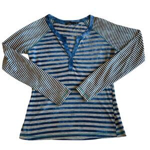 PrAna Zoe Blue Gray Striped Long Sleeve Cotton Blend Boho Henley Tee Shirt Small